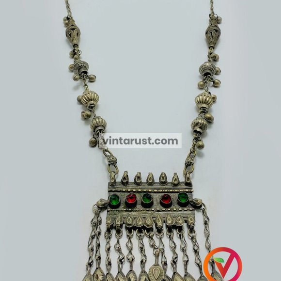 Vintage Long Chain Tribal Pendant Necklace, Gypsy Nomadic Ethnic Necklace - Picture 6 of 11